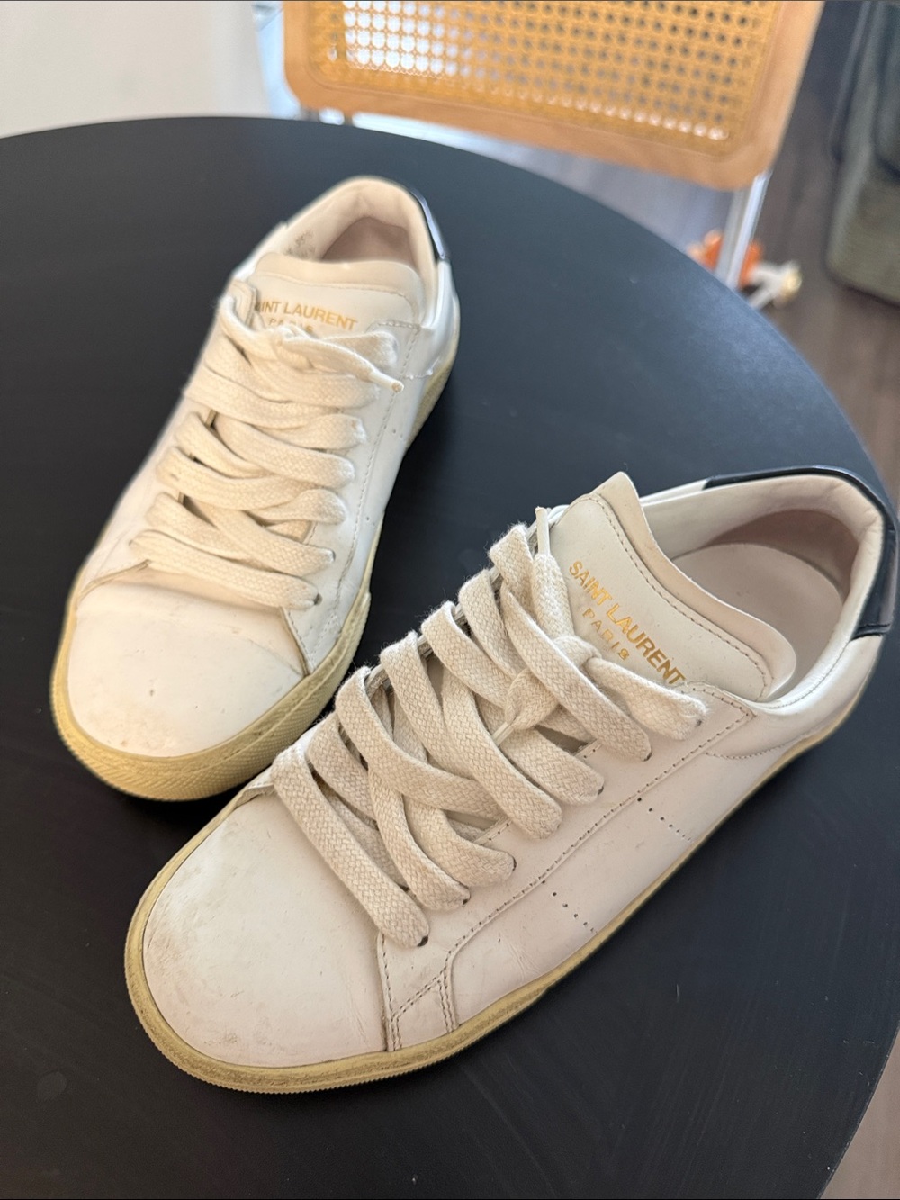 Saint Laurent Cream Leather Sneakers with Black Heel Tab